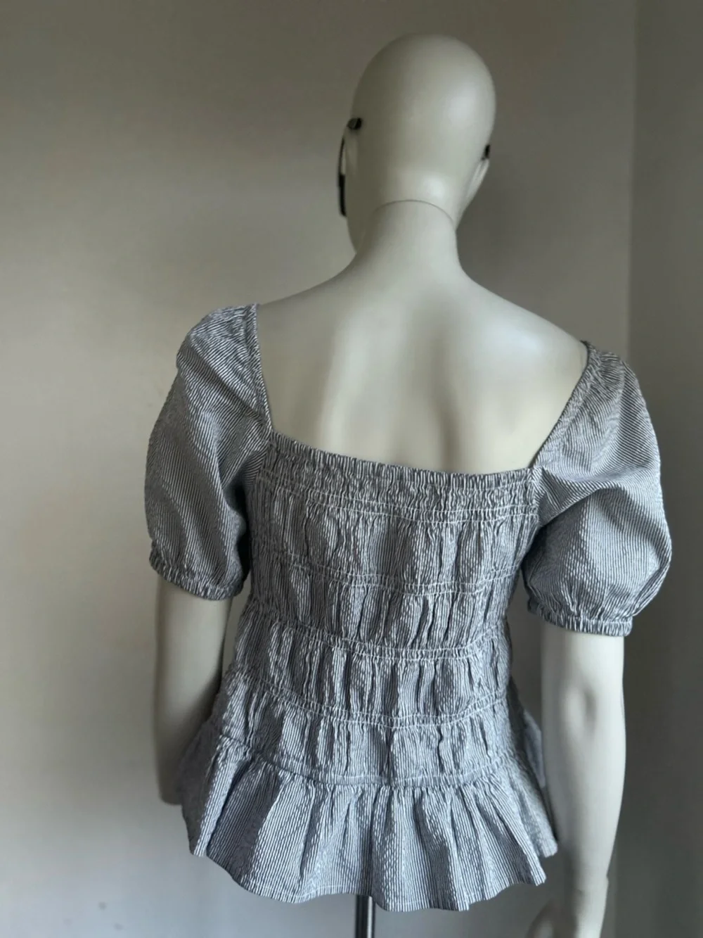 Buffalo L Smocked Square-Neck Peplum Top in Light Blue Stripe